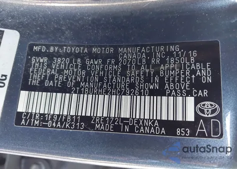 2017 Toyota Corolla Le z USA, uszkodzony, nr VIN 2T1BURHE2HC792610